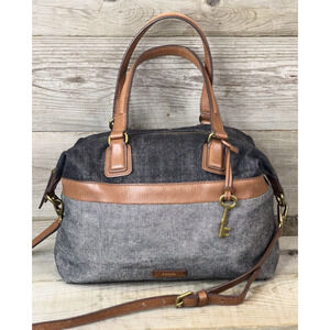 Fossil Julia Two-Toned Black Gray Denim Brown Leather Trim Handbag Crossbody